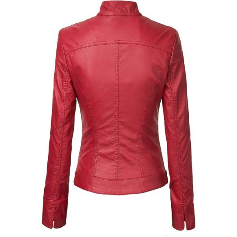 Slim Fit Stylish Vegan Leather Moto Jacket Red - Picture 4 of 7